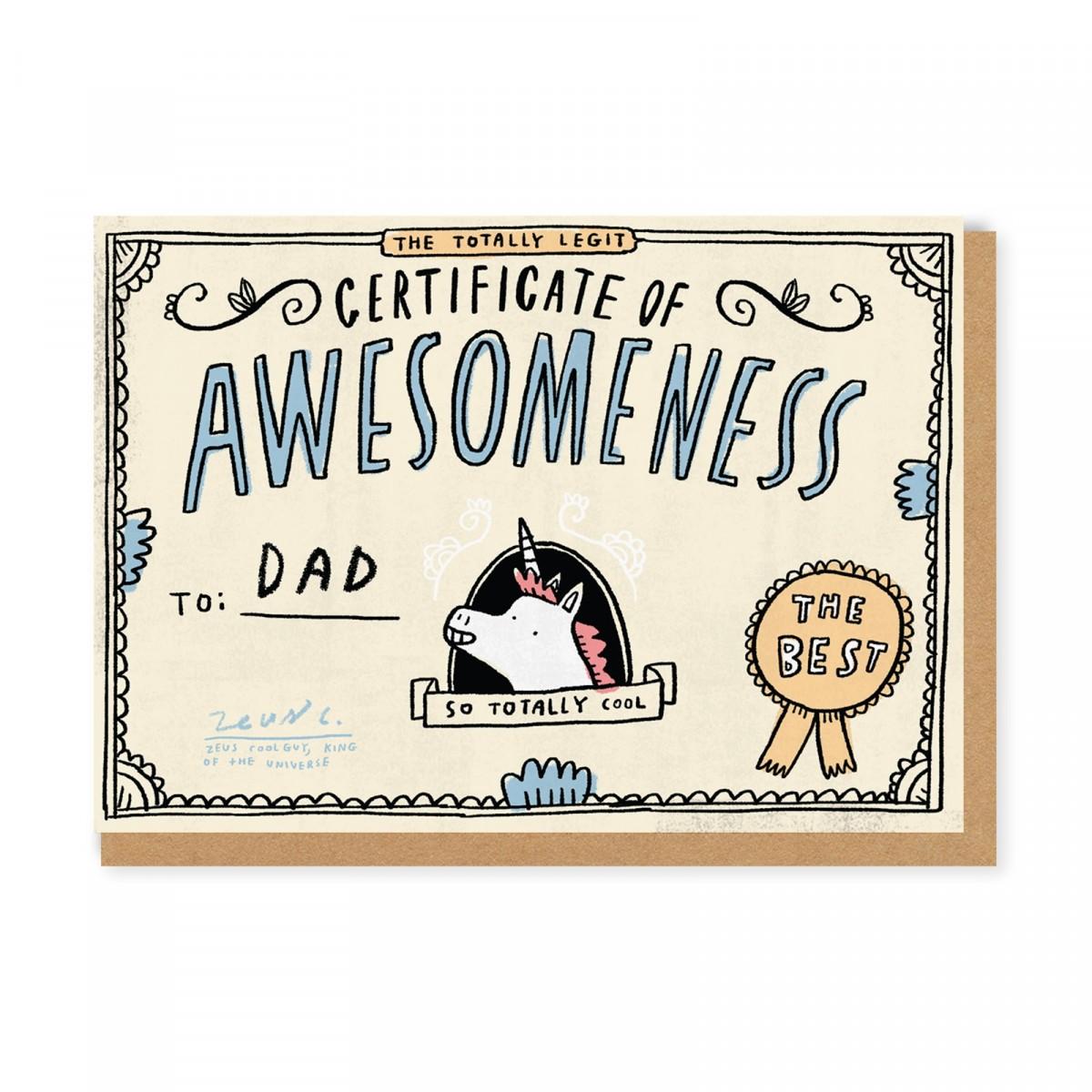 Õnnitluskaart Certificate of Awesomeness Dad